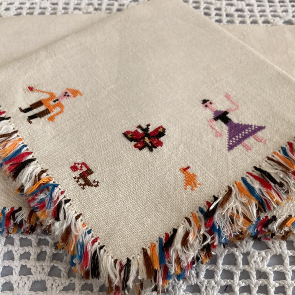 Three Vintage Linen Cocktail Napkins, Rare, Cross Stitched on this fine …